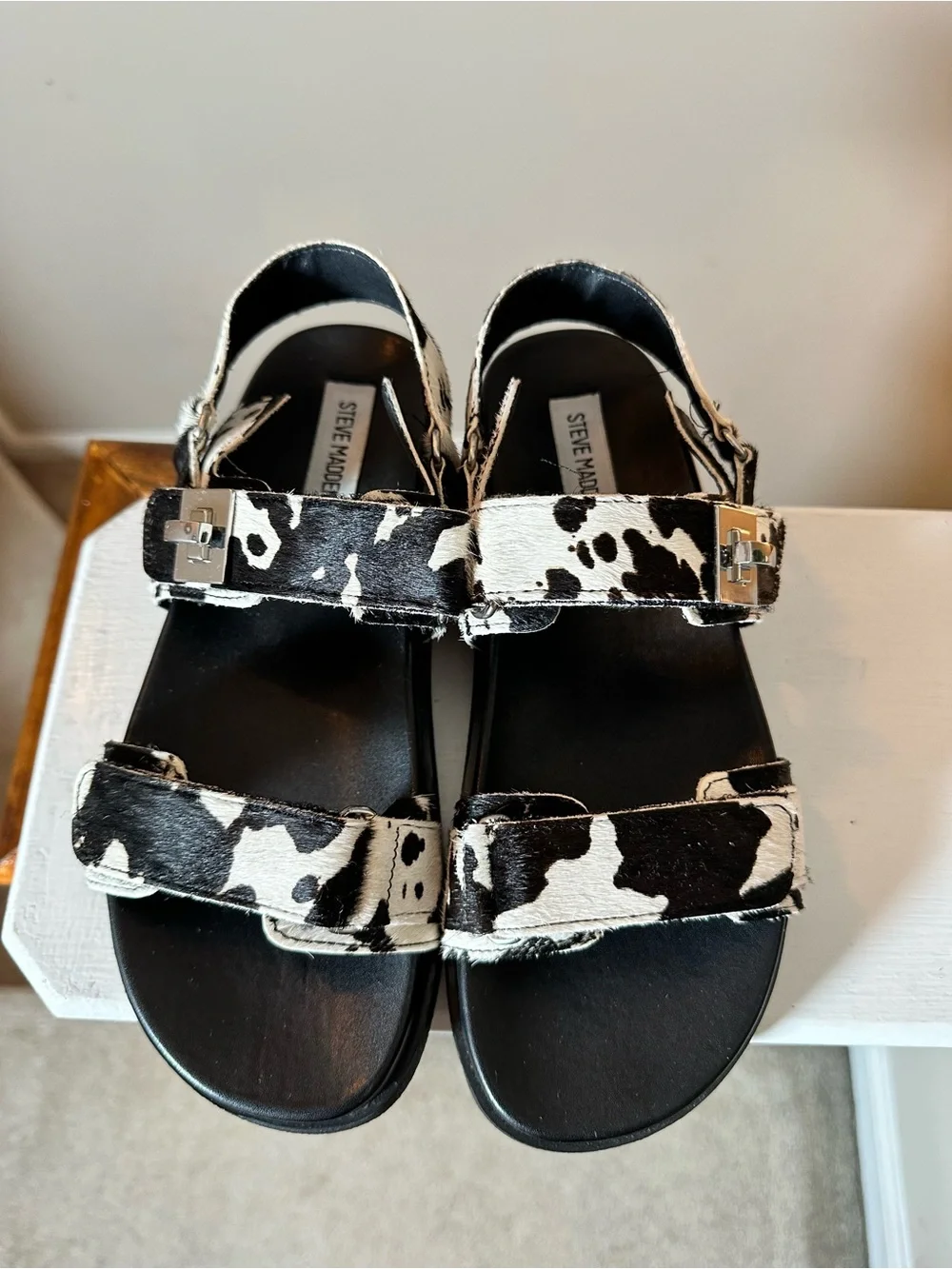 Steve Madden Kids Cow Print Black & White Velcro Strap Sandals